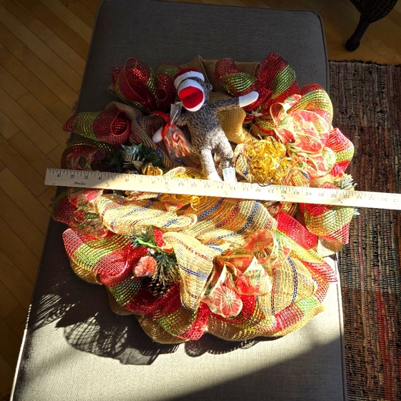 Handcrafted Burlap & Mesh Sock Monkey 24" Christmas Wreath - Picture 13 of 13